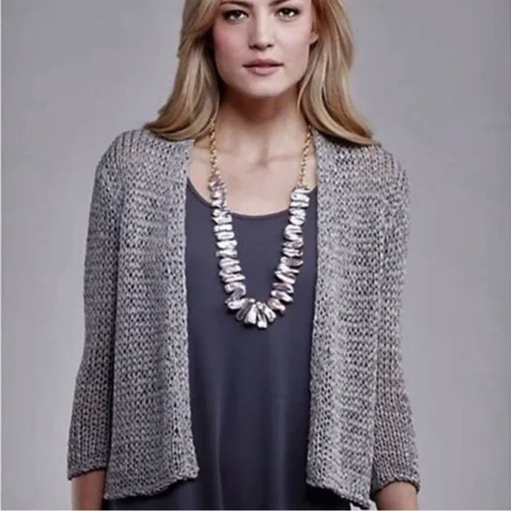 Eileen Fisher Open Front Cardigan Sweater Loose Knit Black Metallic Coastal Med